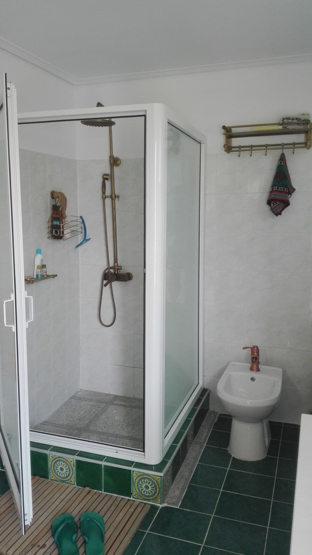 Bathroom with glass shower and bidet